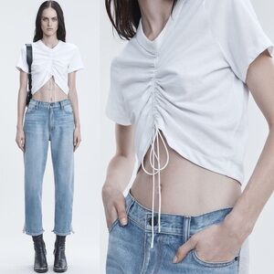 ALEXANDER WANG White Gathered Front Ruched Silk Tie Short Sleeve Crop Top Size S